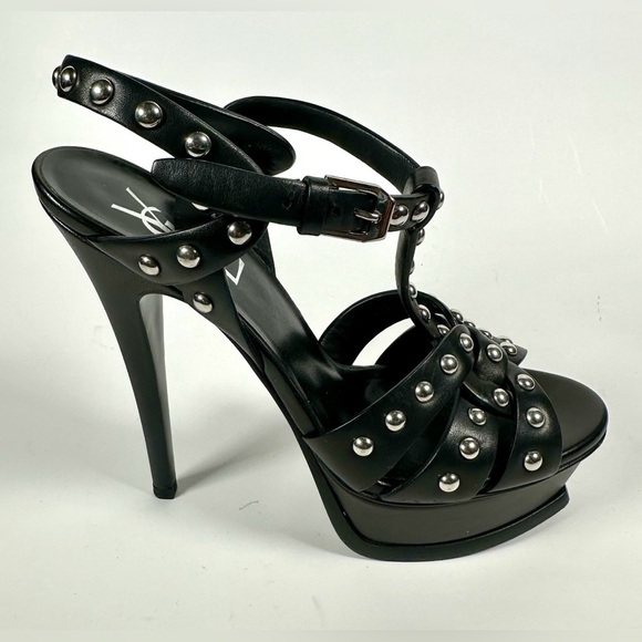 Yves Saint Laurent Black Leather Classic Tribute Studded T-strap Platform Sandal - Picture 6 of 16